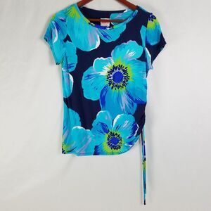 Ruby Rd. Shirt Womens Medium Blue Cinch‎ Side Top Floral Short Sleeve Round Neck